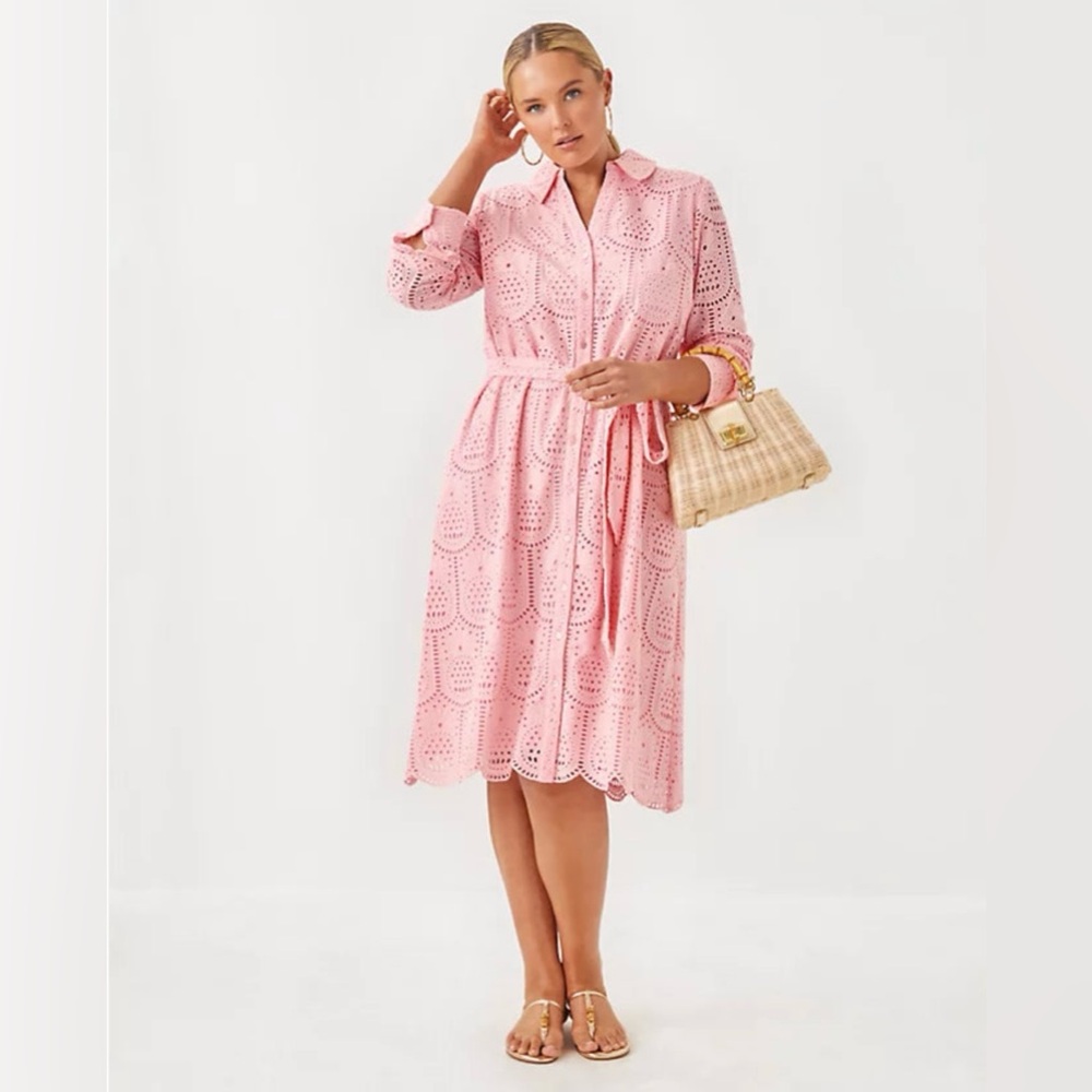 Eira Elegant Pink Eyelet Long Sleeve Belted Midi Shirtdress